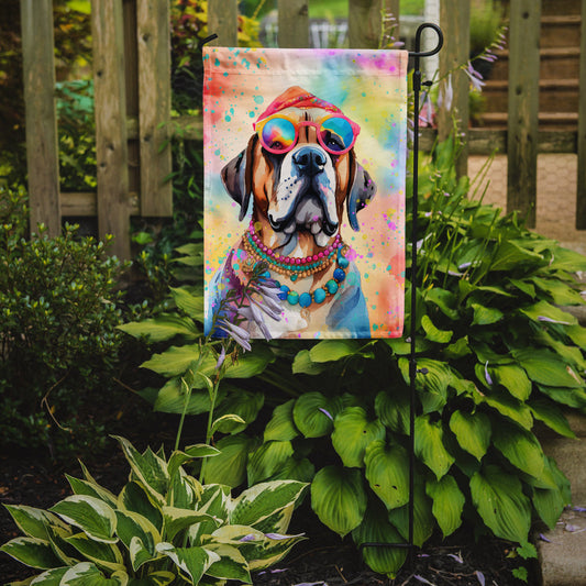 Mastiff Hippie Dawg Garden Flag – Retro Dog with Sunglasses & Multicolored Background