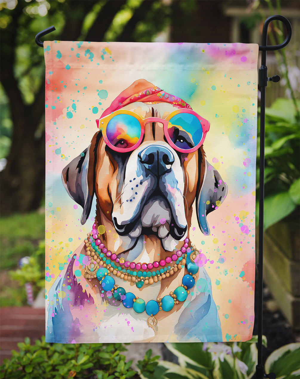 Mastiff Hippie Dawg Garden Flag – Retro Dog with Sunglasses & Multicolored Background