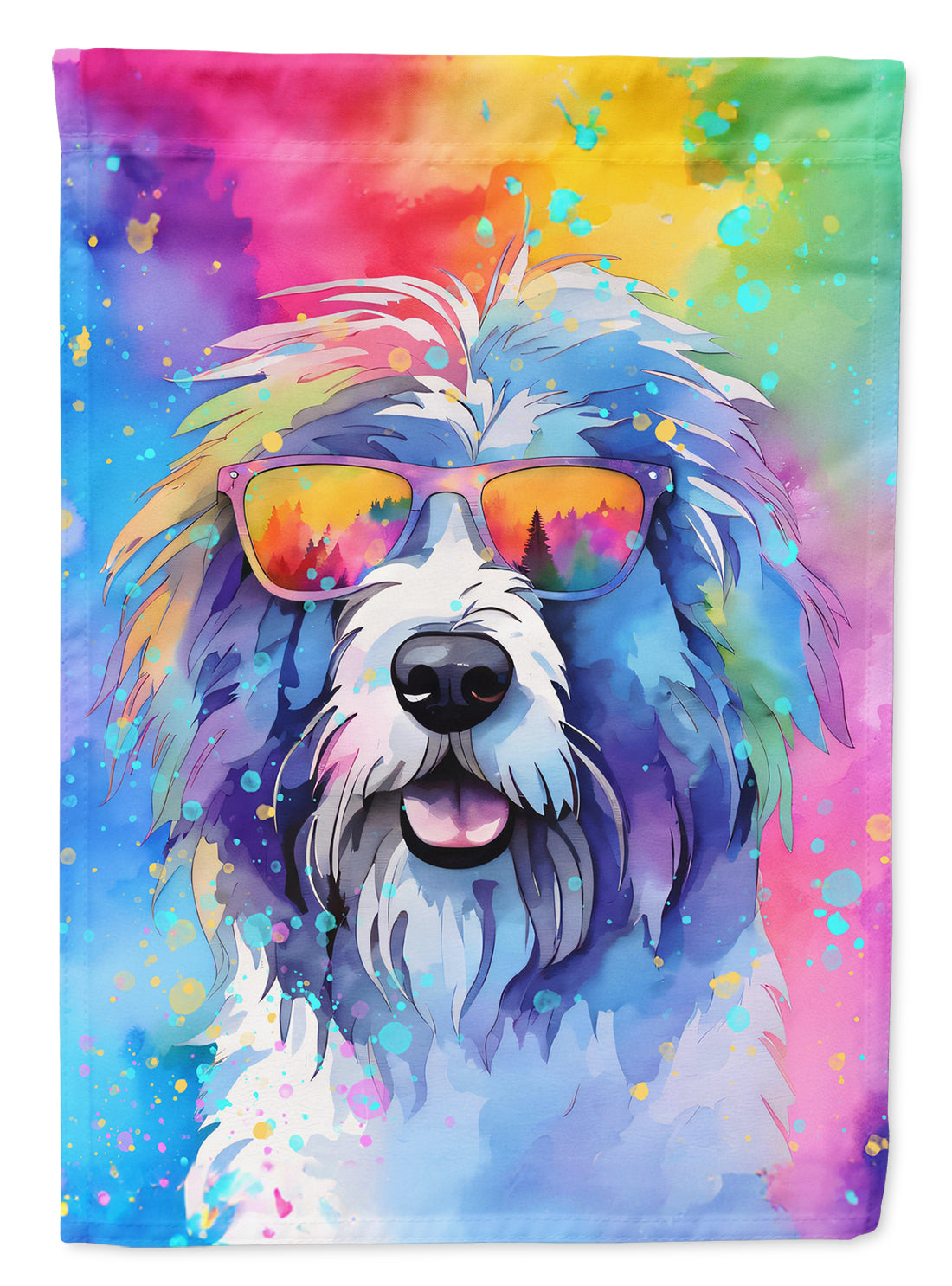 Old English Sheepdog Hippie Dawg Garden Flag – Retro Dog with Sunglasses & Multicolored Background