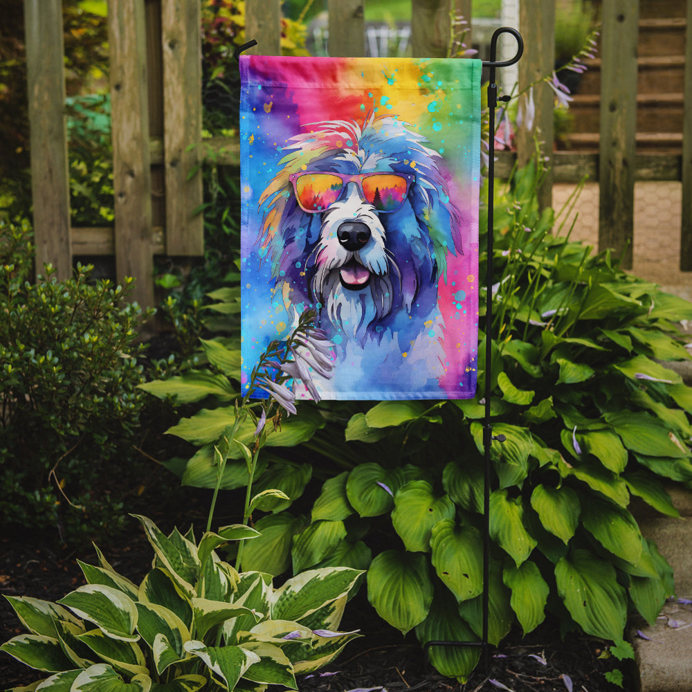 Old English Sheepdog Hippie Dawg Garden Flag – Retro Dog with Sunglasses & Multicolored Background