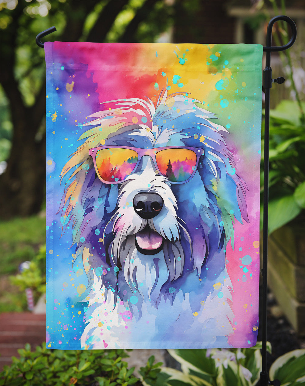 Old English Sheepdog Hippie Dawg Garden Flag – Retro Dog with Sunglasses & Multicolored Background