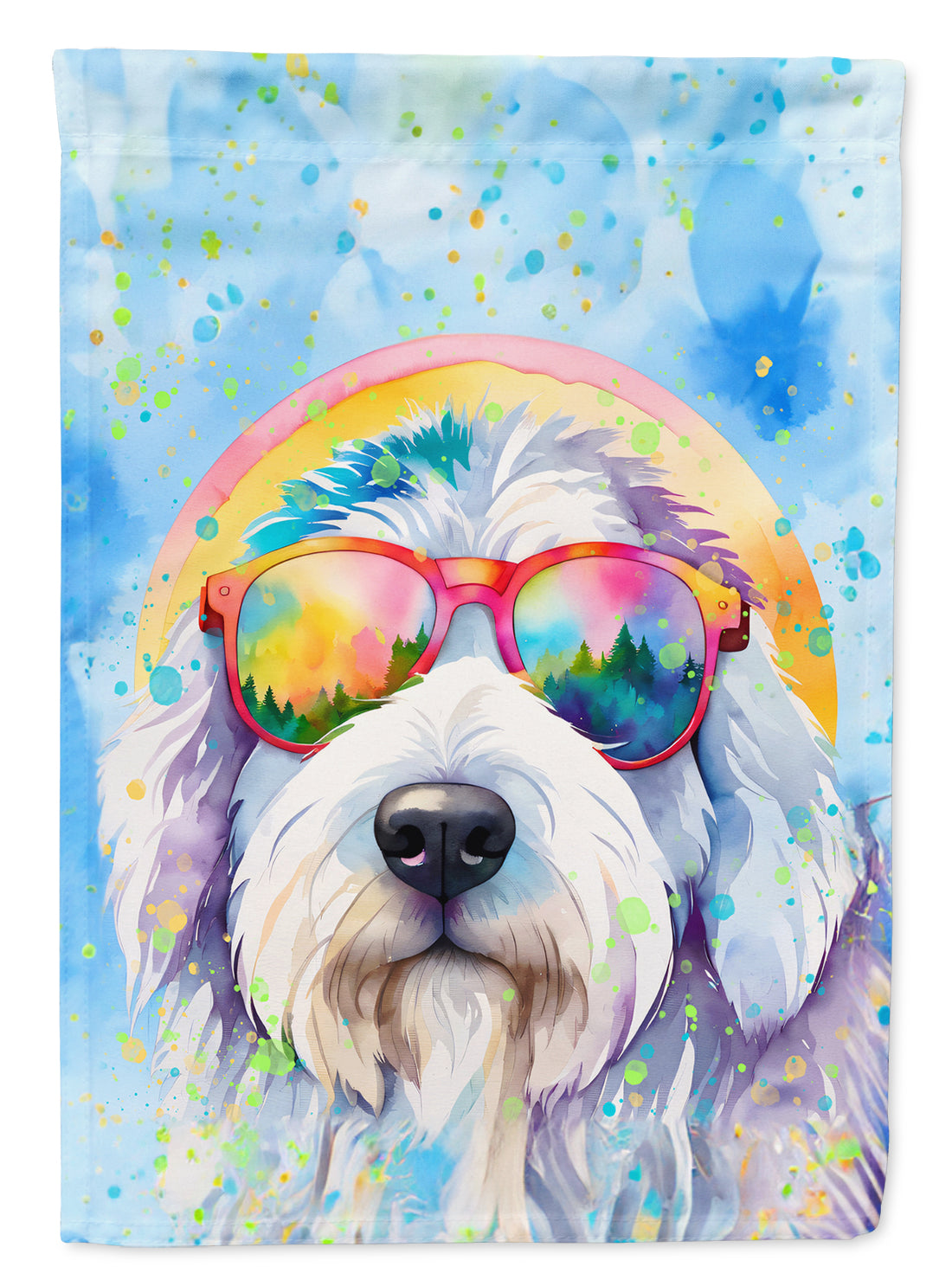 Old English Sheepdog Hippie Dawg Garden Flag – Retro Dog with Sunglasses & Multicolored Background