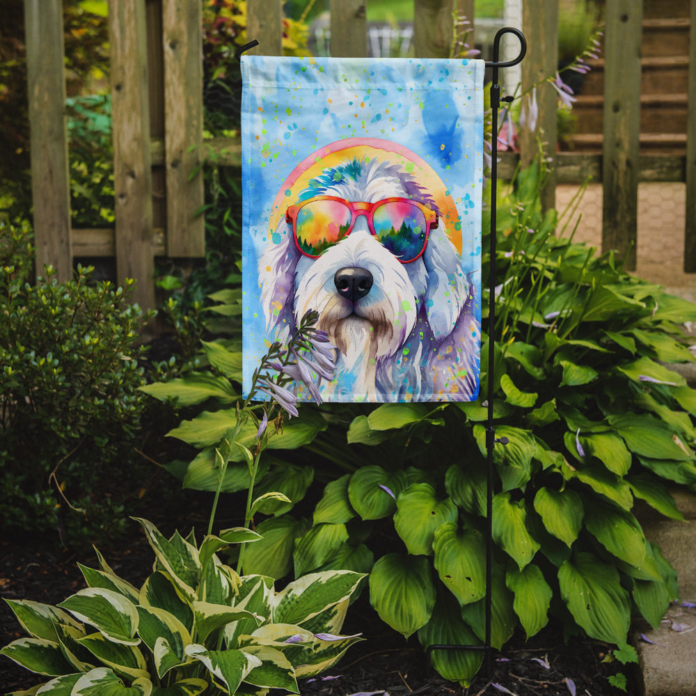 Old English Sheepdog Hippie Dawg Garden Flag – Retro Dog with Sunglasses & Multicolored Background