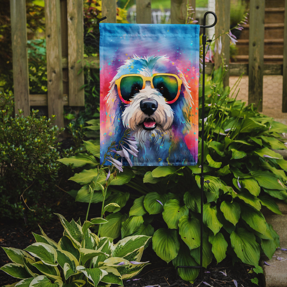 Old English Sheepdog Hippie Dawg Garden Flag – Retro Dog with Sunglasses & Multicolored Background