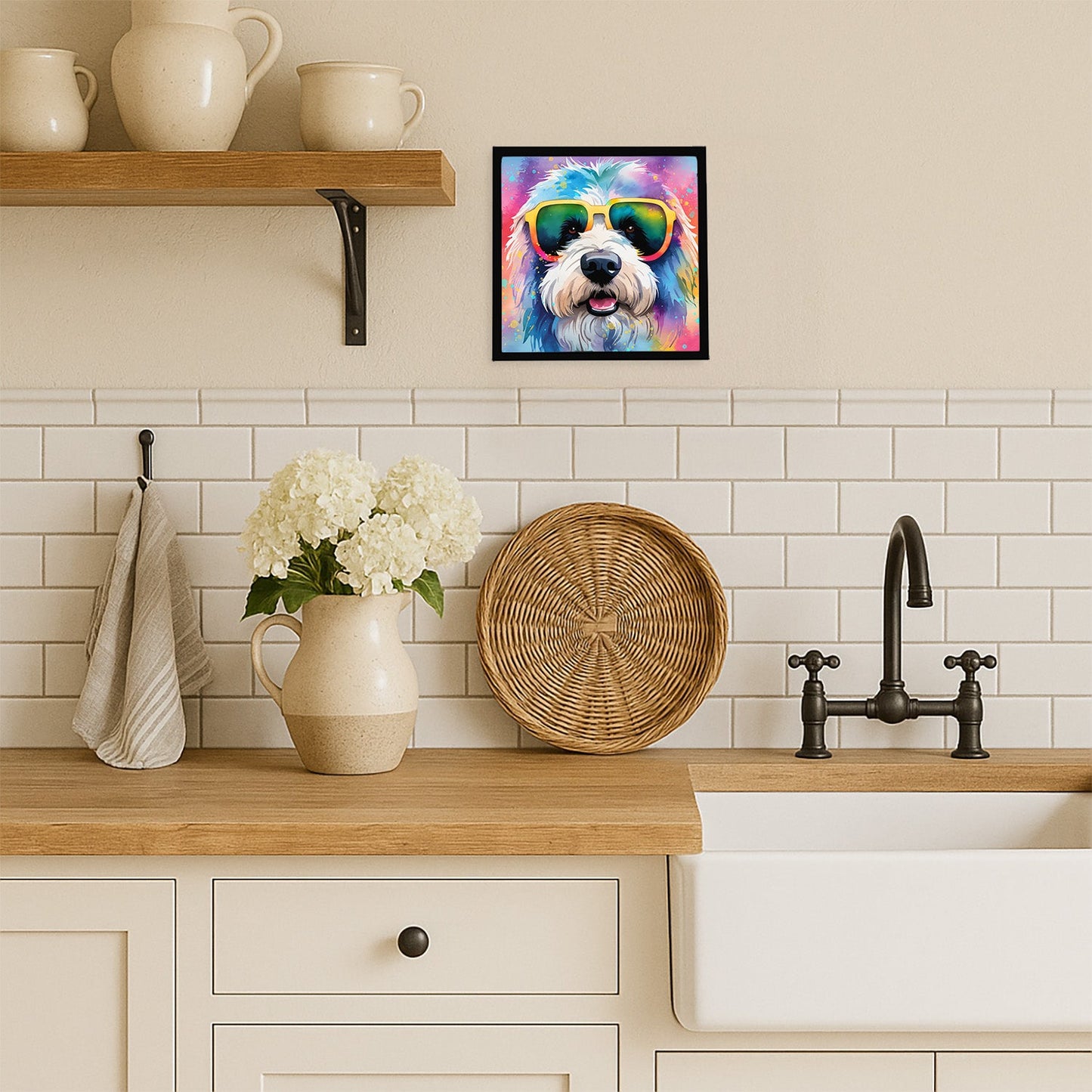 Old English Sheepdog Hippie Dawg Framed Metal Print