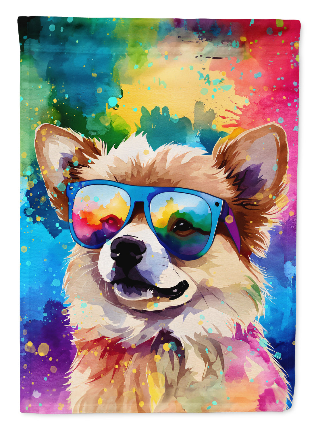 Pomeranian Hippie Dawg Garden Flag – Retro Dog with Sunglasses & Multicolored Background