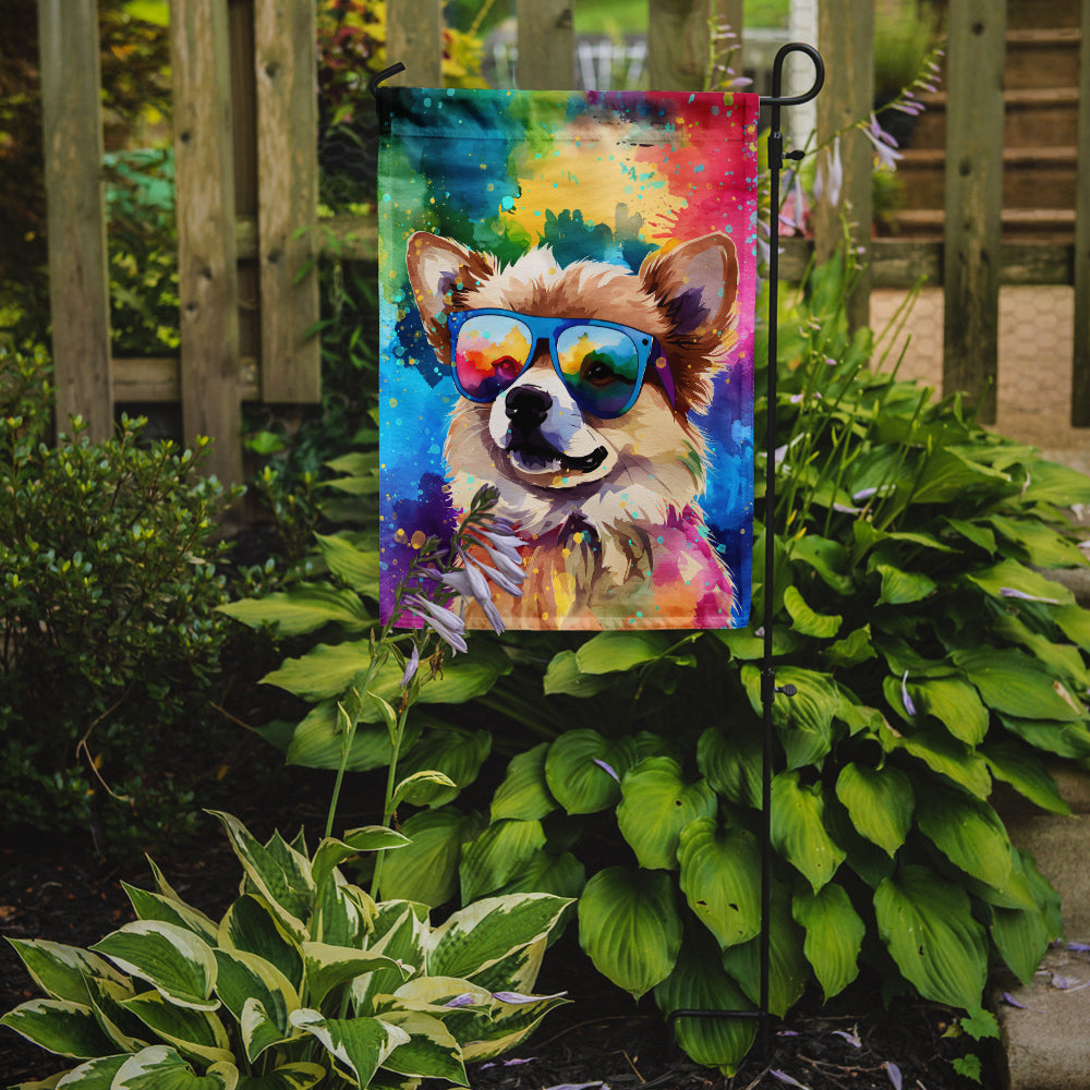Pomeranian Hippie Dawg Garden Flag – Retro Dog with Sunglasses & Multicolored Background