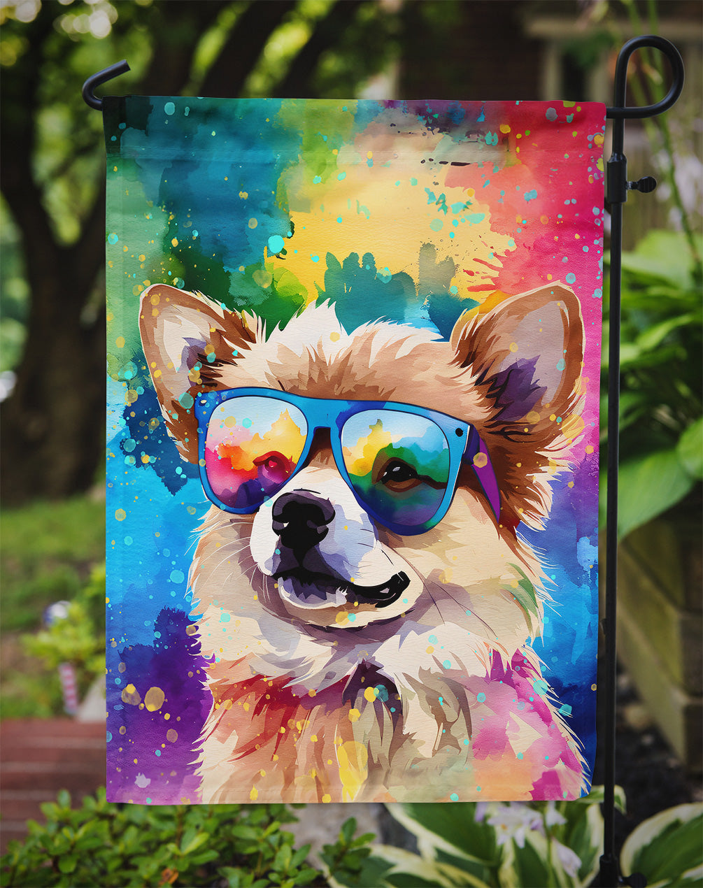 Pomeranian Hippie Dawg Garden Flag – Retro Dog with Sunglasses & Multicolored Background