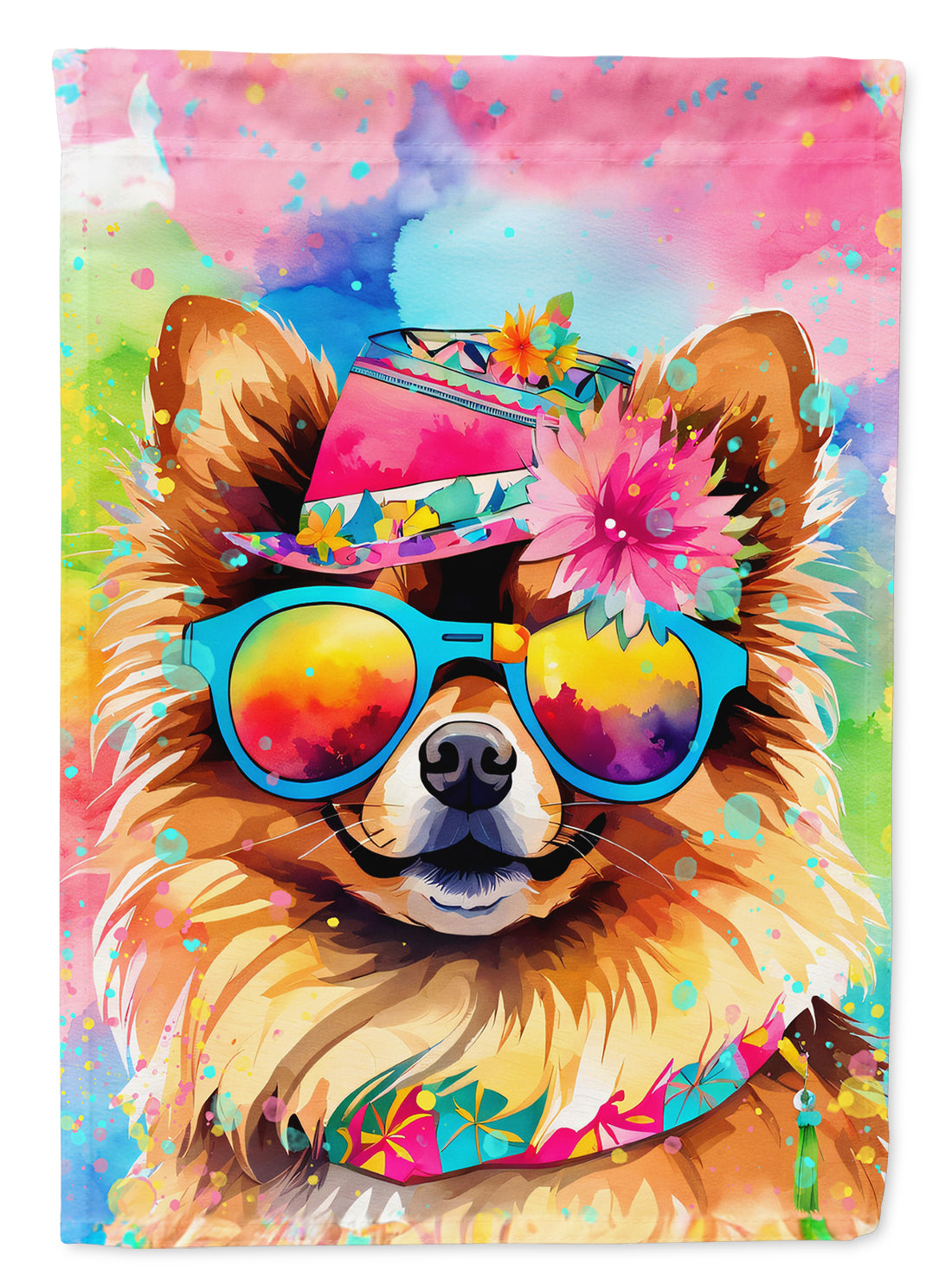 Pomeranian Hippie Dawg Garden Flag – Retro Dog with Sunglasses & Multicolored Background