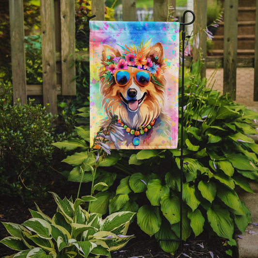 Pomeranian Hippie Dawg Garden Flag – Retro Dog with Sunglasses & Multicolored Background