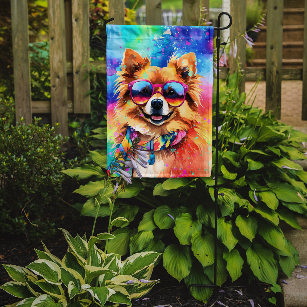 Pomeranian Hippie Dawg Garden Flag – Retro Dog with Sunglasses & Multicolored Background
