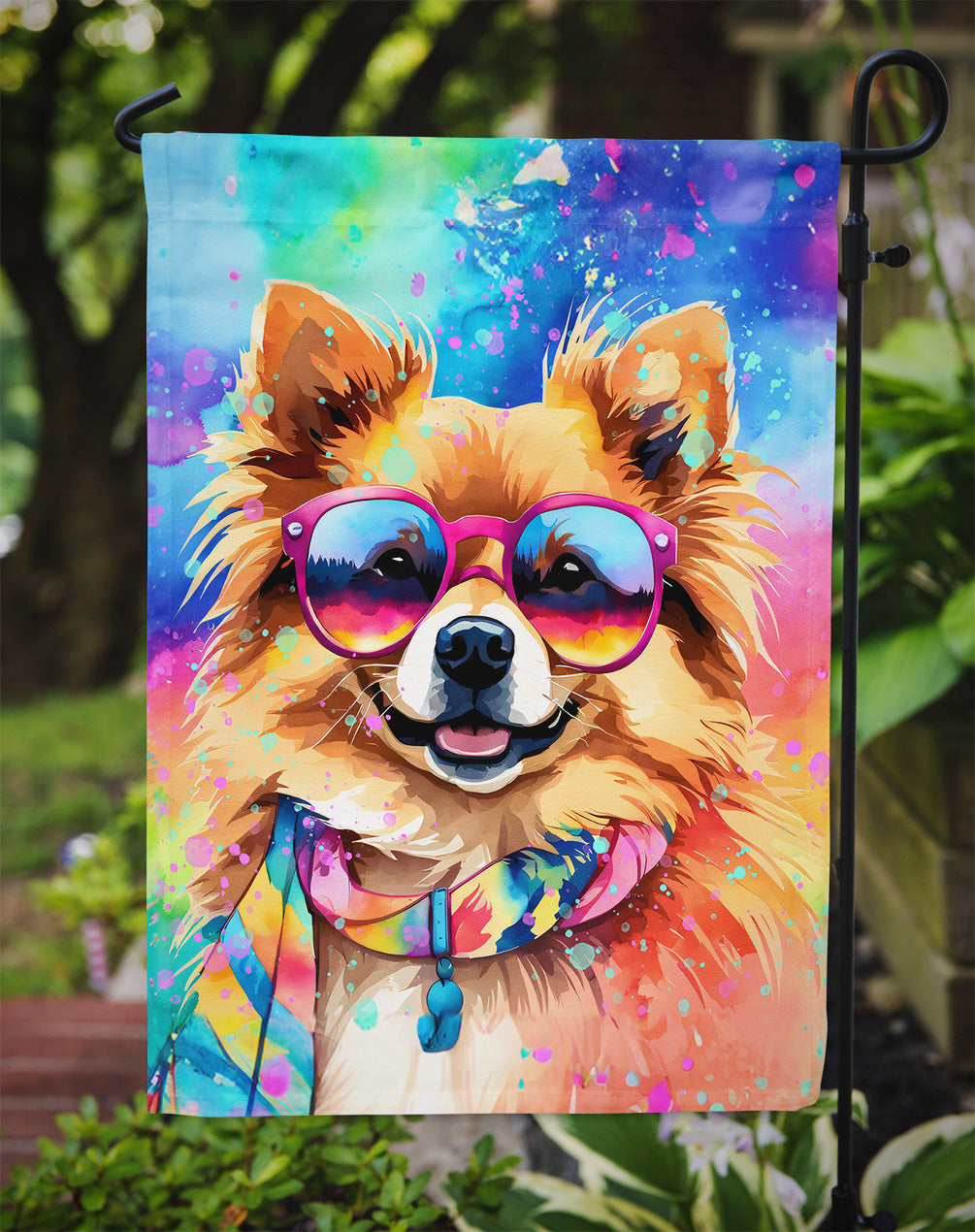 Pomeranian Hippie Dawg Garden Flag – Retro Dog with Sunglasses & Multicolored Background