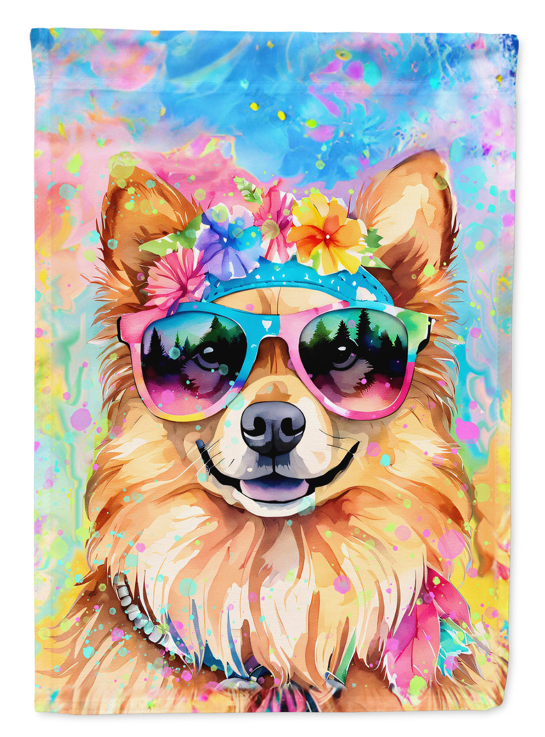 Pomeranian Hippie Dawg Garden Flag – Retro Dog with Sunglasses & Multicolored Background