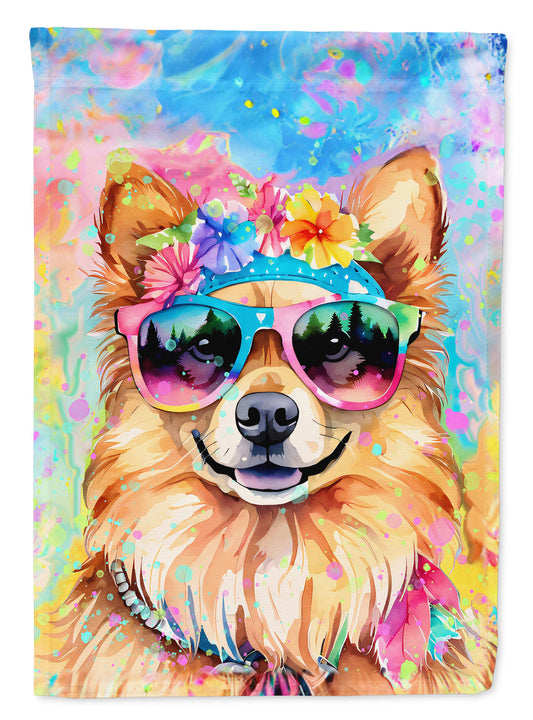 Pomeranian Hippie Dawg Garden Flag – Retro Dog with Sunglasses & Multicolored Background