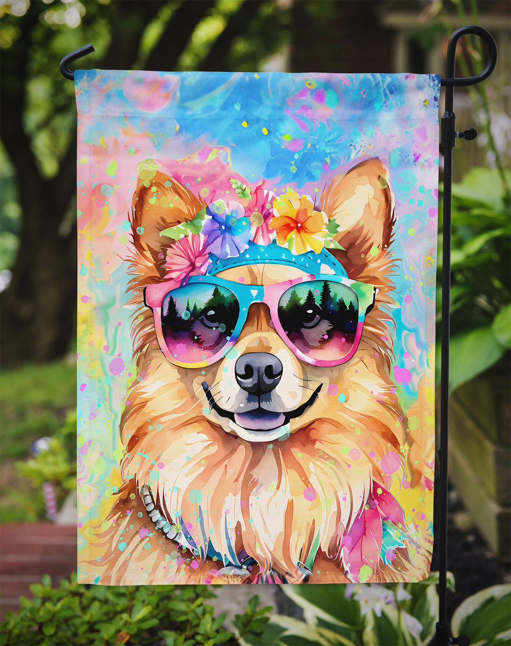 Pomeranian Hippie Dawg Garden Flag – Retro Dog with Sunglasses & Multicolored Background