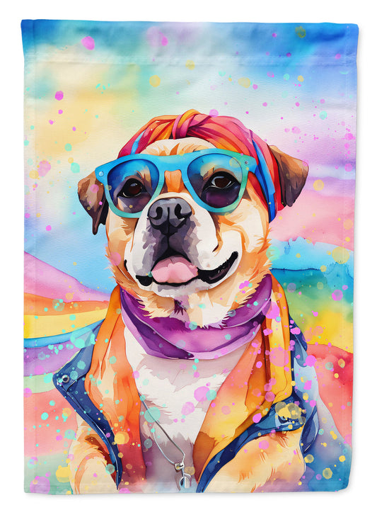 Pug Hippie Dawg Garden Flag – Retro Dog with Sunglasses & Multicolored Background