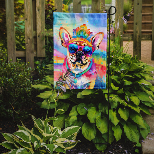 Pug Hippie Dawg Garden Flag – Retro Dog with Sunglasses & Multicolored Background