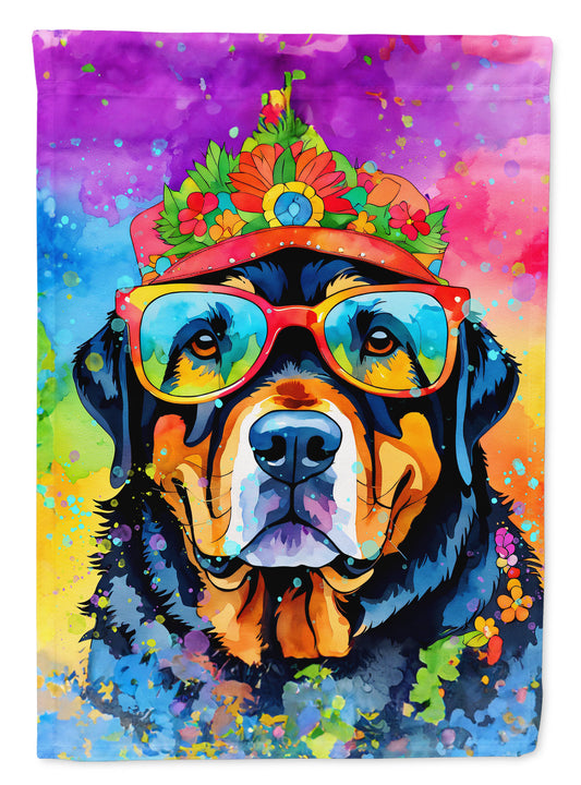 Rottweiler Hippie Dawg Garden Flag – Retro Dog with Sunglasses & Multicolored Background