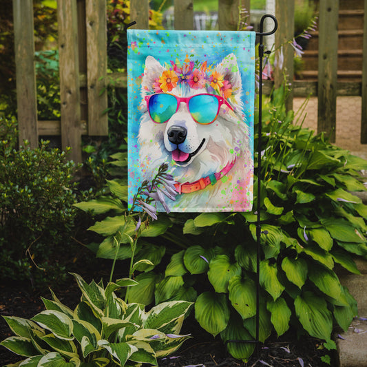 Samoyed Hippie Dawg Garden Flag – Retro Dog with Sunglasses & Multicolored Background
