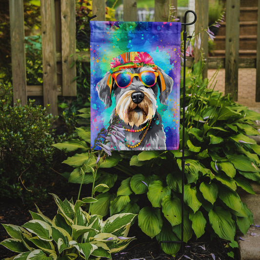 Schnauzer Hippie Dawg Garden Flag – Retro Dog with Sunglasses & Multicolored Background