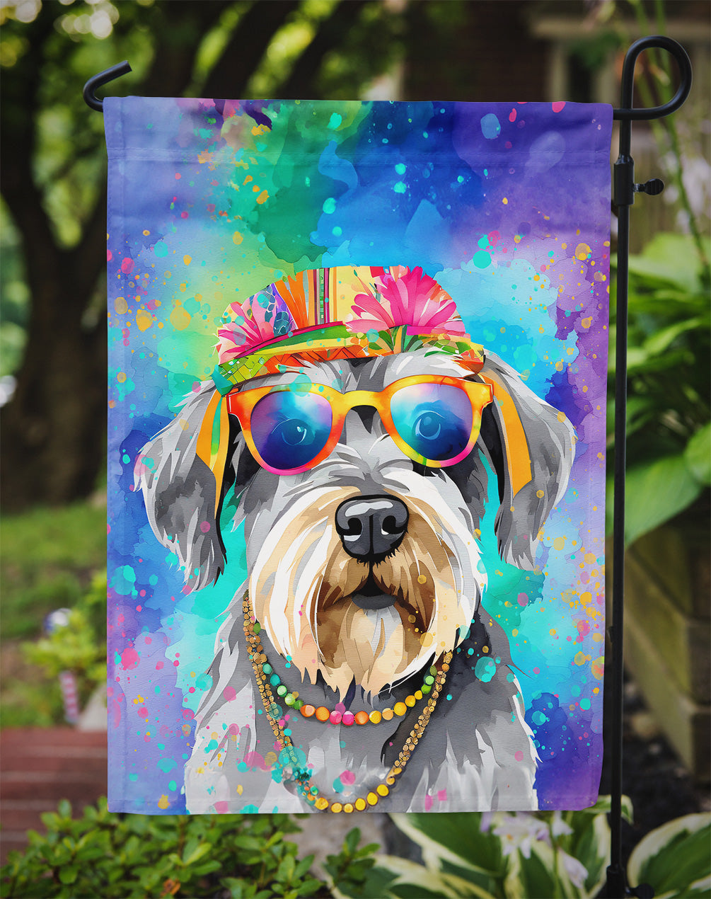 Schnauzer Hippie Dawg Garden Flag – Retro Dog with Sunglasses & Multicolored Background