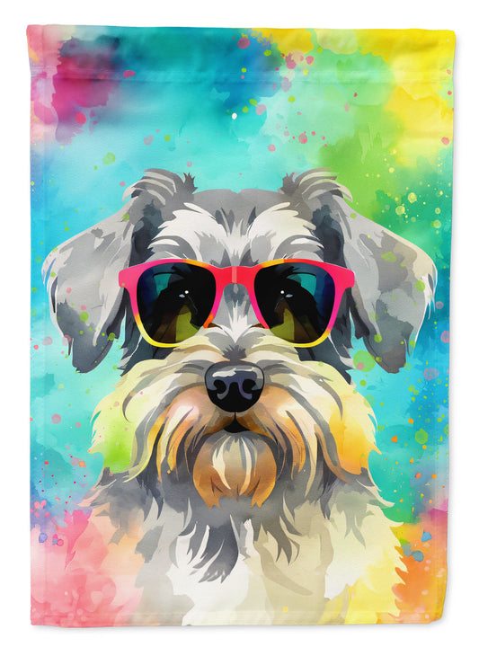 Schnauzer Hippie Dawg Garden Flag – Retro Dog with Sunglasses & Multicolored Background