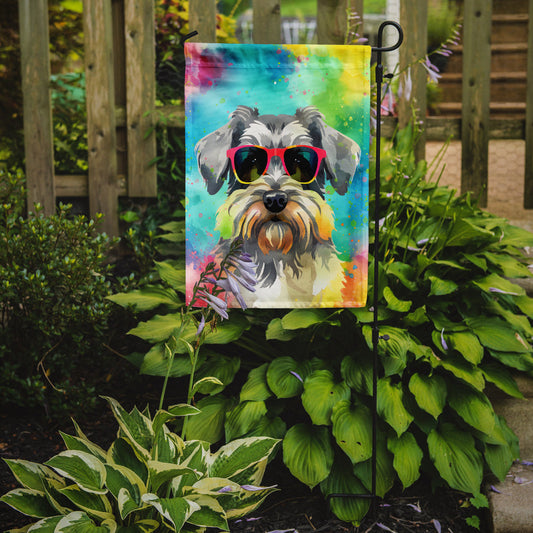 Schnauzer Hippie Dawg Garden Flag – Retro Dog with Sunglasses & Multicolored Background