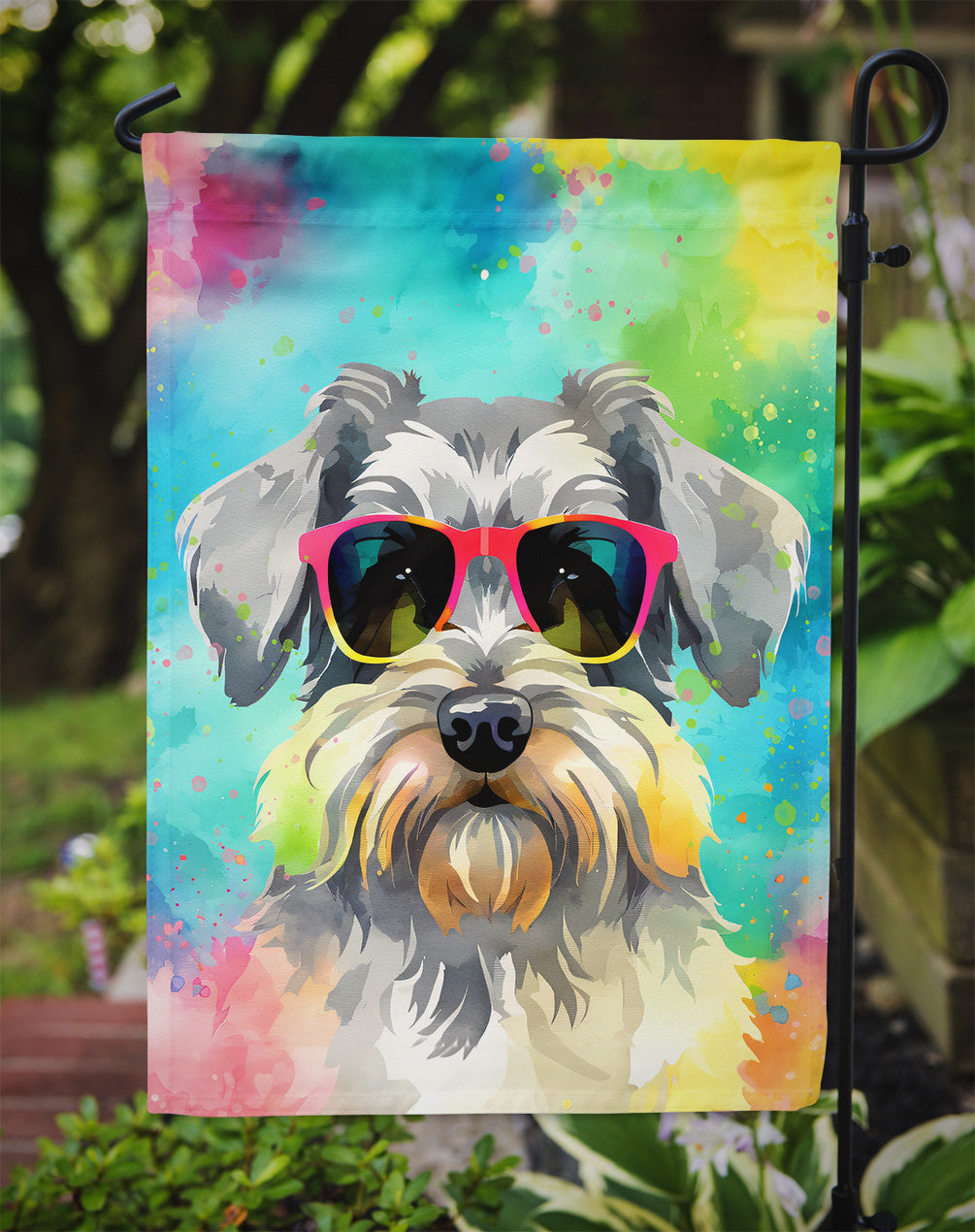 Schnauzer Hippie Dawg Garden Flag – Retro Dog with Sunglasses & Multicolored Background