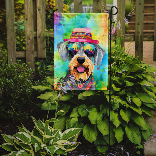 Schnauzer Hippie Dawg Garden Flag – Retro Dog with Sunglasses & Multicolored Background
