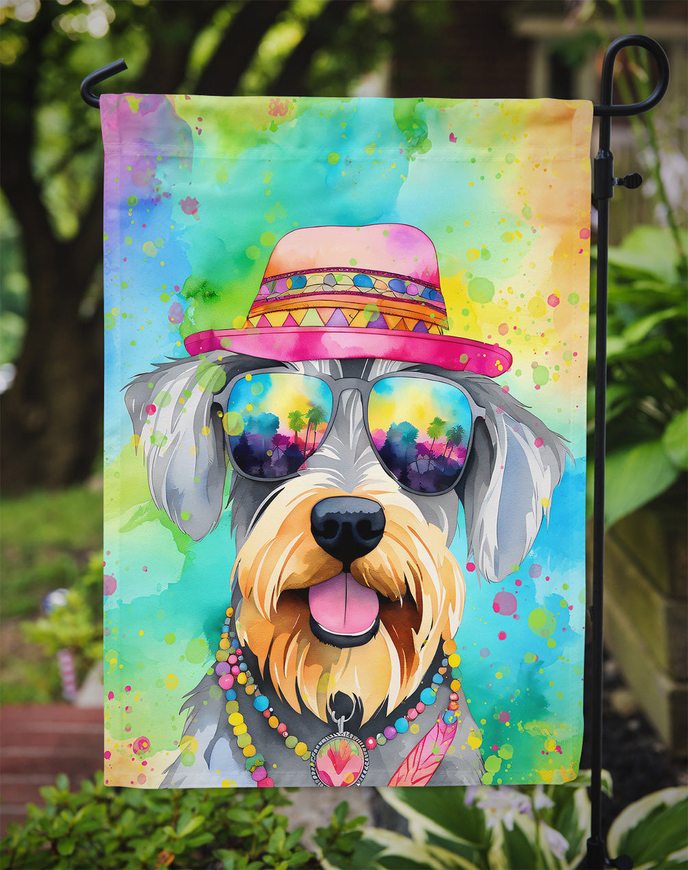 Schnauzer Hippie Dawg Garden Flag – Retro Dog with Sunglasses & Multicolored Background