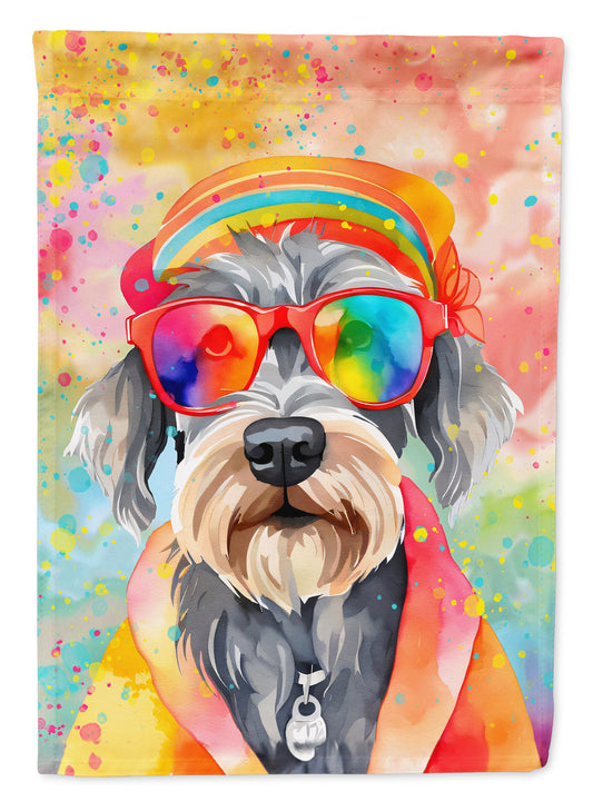 Schnauzer Hippie Dawg Garden Flag – Retro Dog with Sunglasses & Multicolored Background