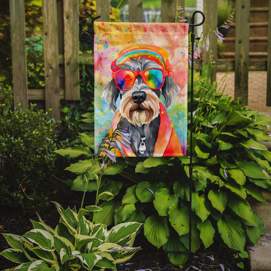 Schnauzer Hippie Dawg Garden Flag – Retro Dog with Sunglasses & Multicolored Background