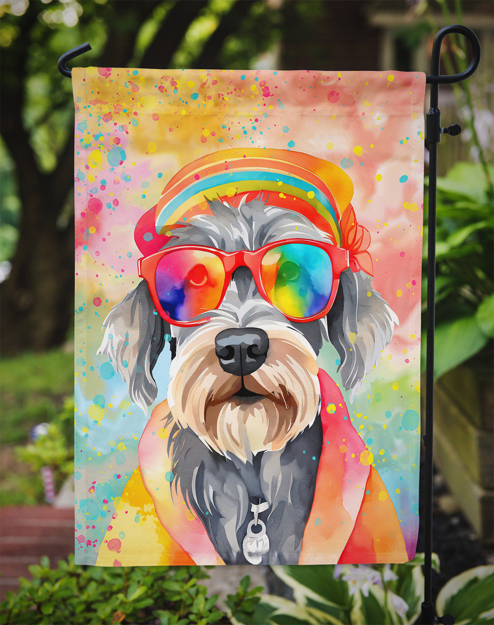 Schnauzer Hippie Dawg Garden Flag – Retro Dog with Sunglasses & Multicolored Background