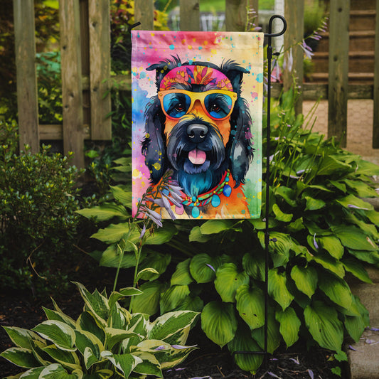 Scottish Terrier Hippie Dawg Garden Flag – Retro Dog with Sunglasses & Multicolored Background