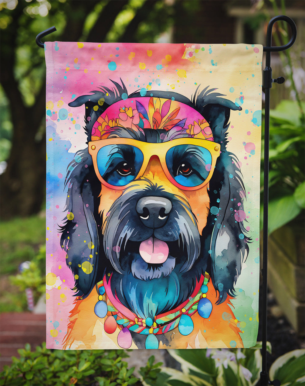 Scottish Terrier Hippie Dawg Garden Flag – Retro Dog with Sunglasses & Multicolored Background
