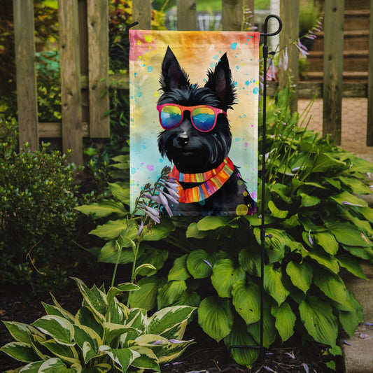 Scottish Terrier Hippie Dawg Garden Flag – Retro Dog with Sunglasses & Multicolored Background