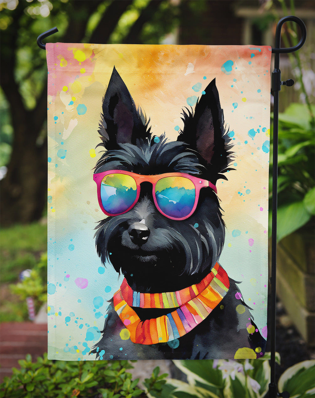 Scottish Terrier Hippie Dawg Garden Flag – Retro Dog with Sunglasses & Multicolored Background