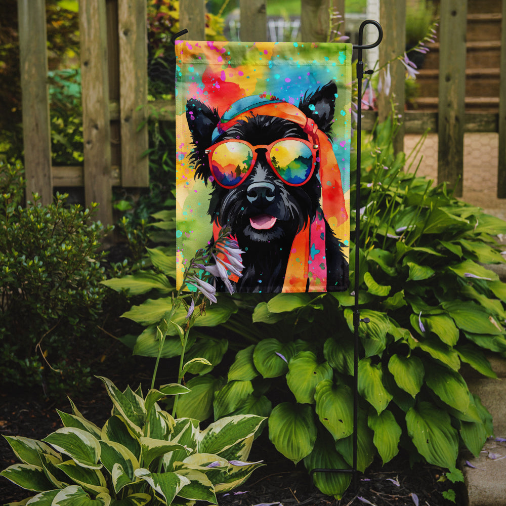 Scottish Terrier Hippie Dawg Garden Flag – Retro Dog with Sunglasses & Multicolored Background