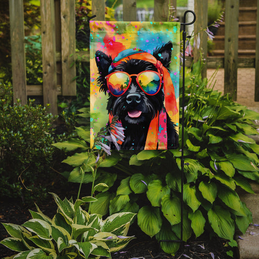 Scottish Terrier Hippie Dawg Garden Flag – Retro Dog with Sunglasses & Multicolored Background