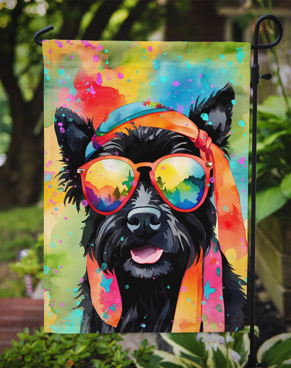 Scottish Terrier Hippie Dawg Garden Flag – Retro Dog with Sunglasses & Multicolored Background