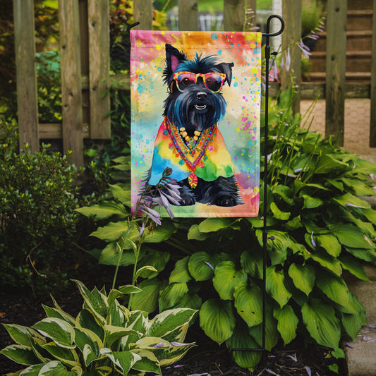 Scottish Terrier Hippie Dawg Garden Flag – Retro Dog with Sunglasses & Multicolored Background