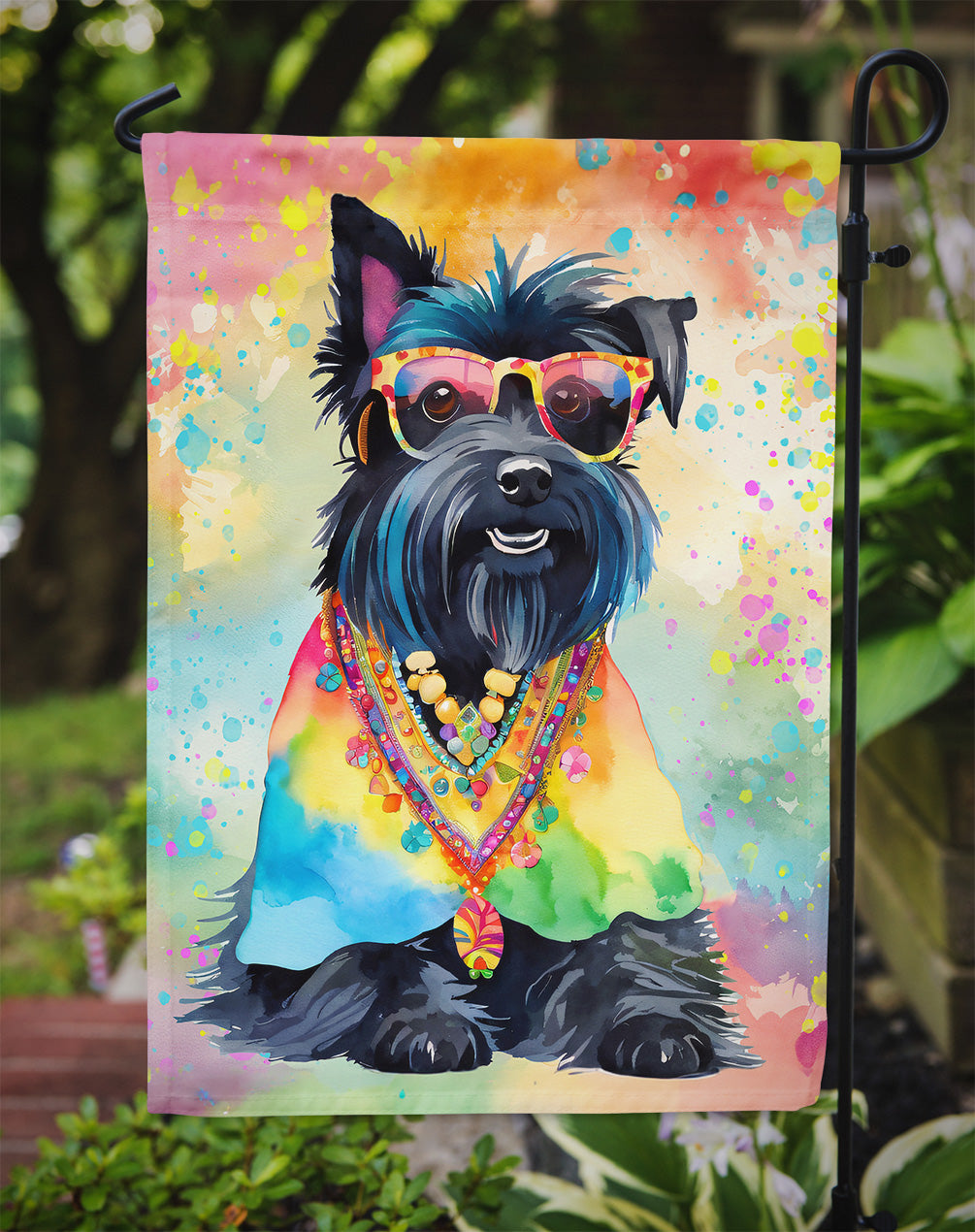 Scottish Terrier Hippie Dawg Garden Flag – Retro Dog with Sunglasses & Multicolored Background