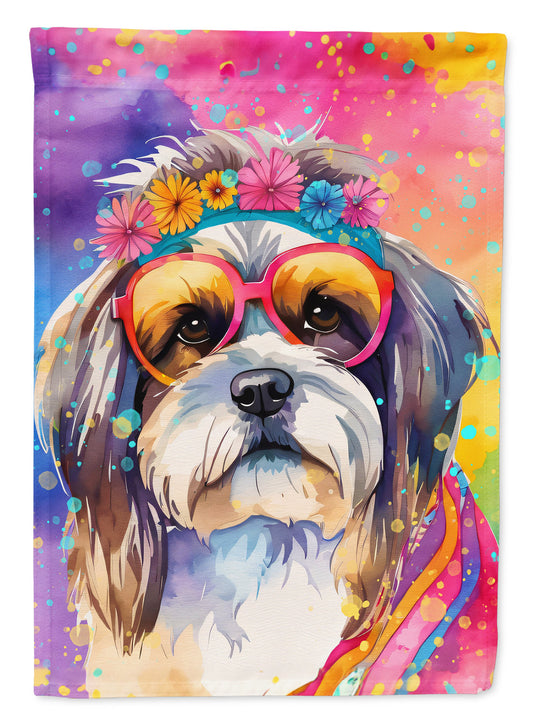 Shih Tzu Hippie Dawg Garden Flag – Retro Dog with Sunglasses & Multicolored Background