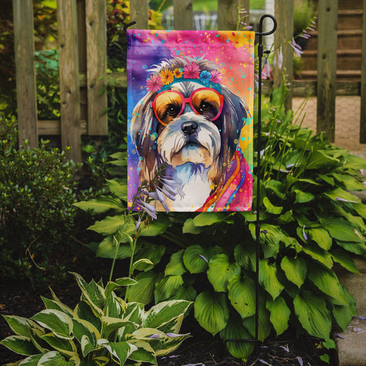 Shih Tzu Hippie Dawg Garden Flag – Retro Dog with Sunglasses & Multicolored Background