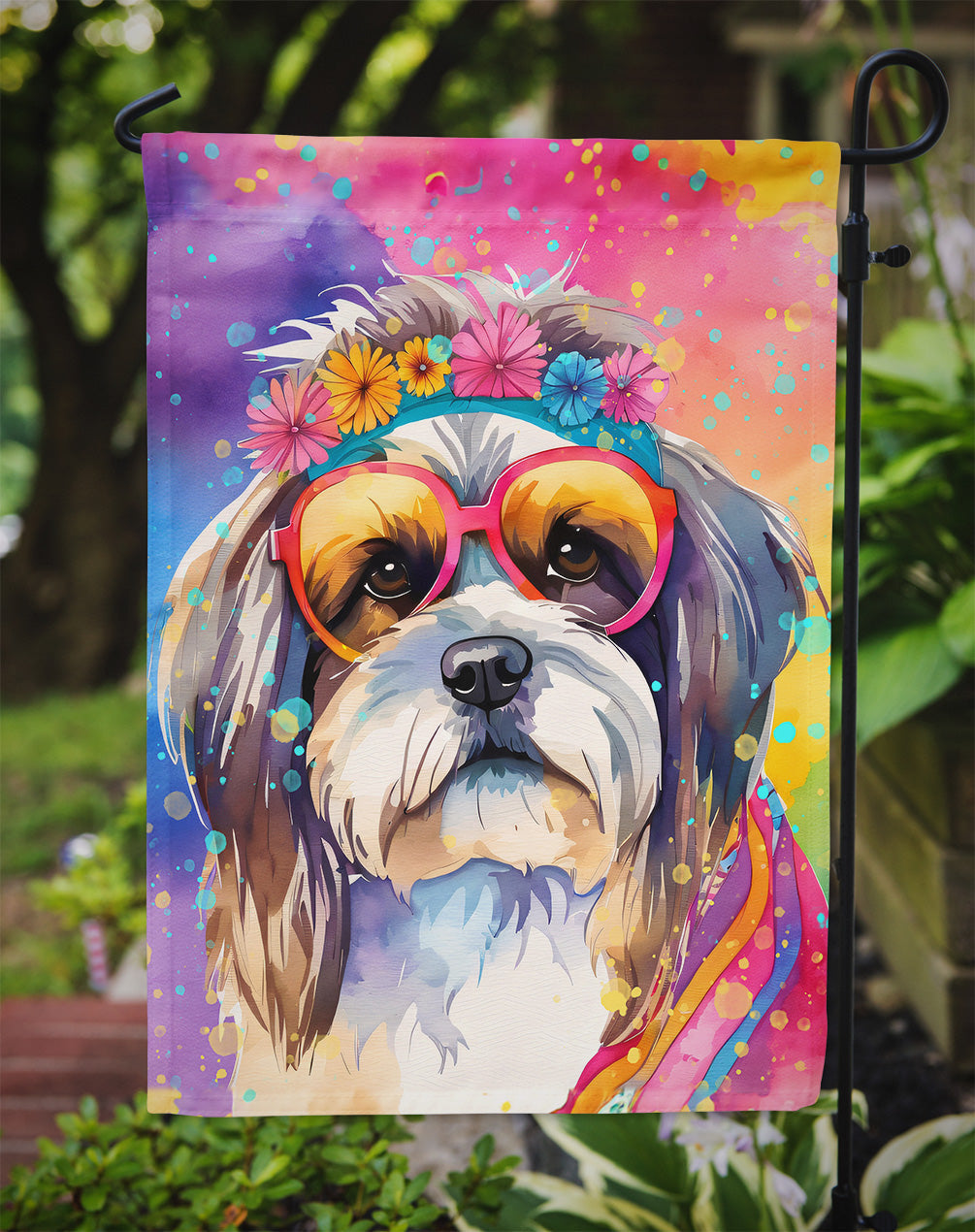 Shih Tzu Hippie Dawg Garden Flag – Retro Dog with Sunglasses & Multicolored Background