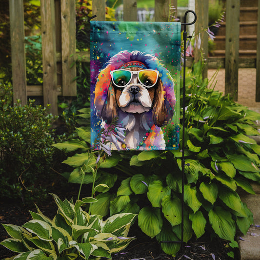 Shih Tzu Hippie Dawg Garden Flag – Retro Dog with Sunglasses & Multicolored Background