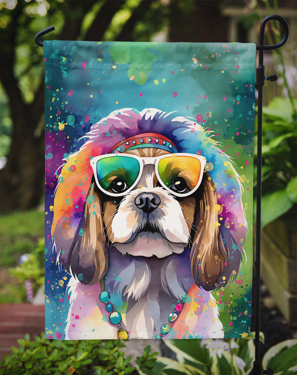 Shih Tzu Hippie Dawg Garden Flag – Retro Dog with Sunglasses & Multicolored Background