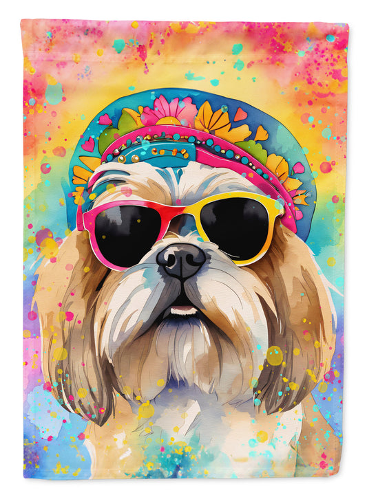 Shih Tzu Hippie Dawg Garden Flag – Retro Dog with Sunglasses & Multicolored Background