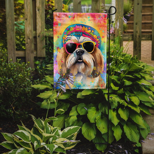 Shih Tzu Hippie Dawg Garden Flag – Retro Dog with Sunglasses & Multicolored Background