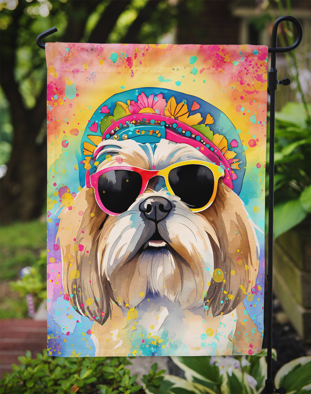 Shih Tzu Hippie Dawg Garden Flag – Retro Dog with Sunglasses & Multicolored Background